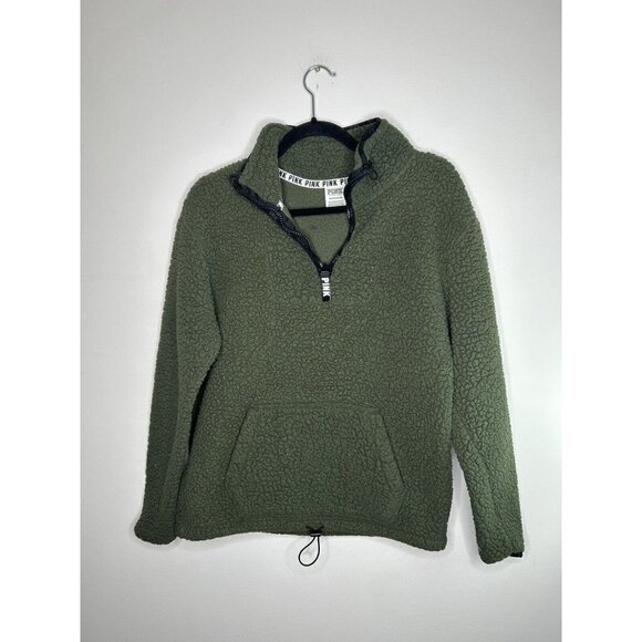 Victoria's Secret Pink Sweater Women's Green Sherpa Fleece 1/4 Zip Size … - Picture 1 of 10
